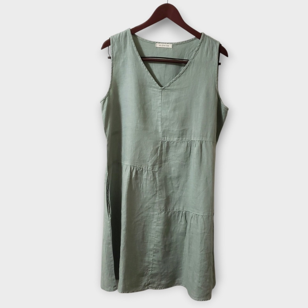 Sea Glass Lane 100%‎ Linen Sleeveless V-Neck Tiered Midi Dress Sage Green Large